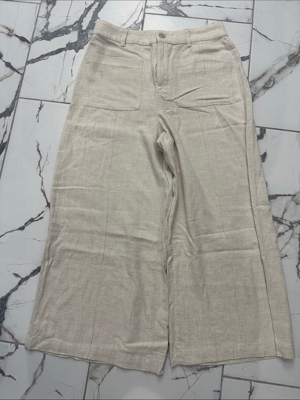 Zara Beige Cropped Wide-Leg Linen Blend Pants